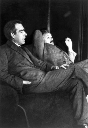 Niels Bohr and Albert Einstein debating quantum theory at Ehrenfest's home in Leiden (December, 1925)