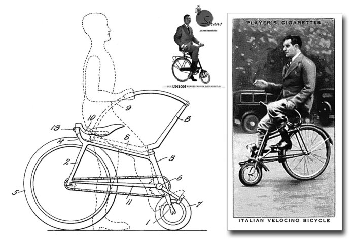 left: a line diagram of a Donkey bike, showing a forwards and reversed configurations. right: a photograph or illustration on the front of a pack of cigarettes, of a besuited man riding said bike while smoking with his free hand