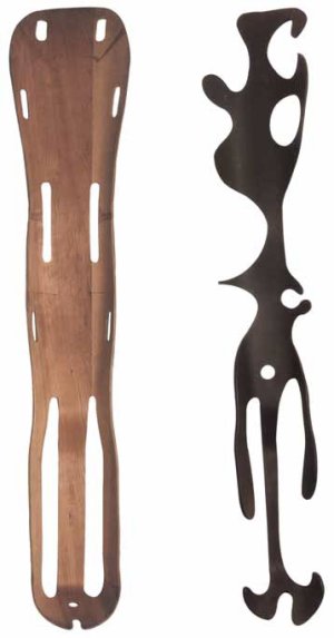An original leg splint alongside a sculpture by Ray Eames.